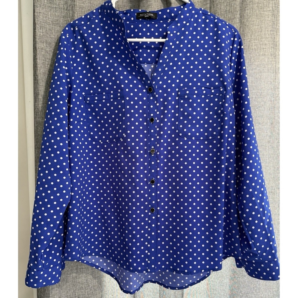 Notations Womans Petite Roll Tab Sleeve Polka Dotted Blue Button Blouse Sz‎ PL